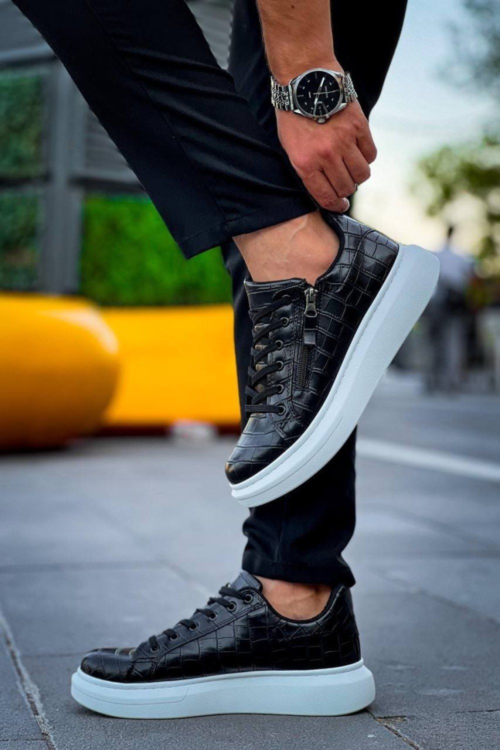 KB309 Erkek Günlük Bağcıklı Fermuarlı Croco Desenli Cilt Spor Sneaker Ayakkabı CBT - Siyah – Kuback Erkek Ayakkabı