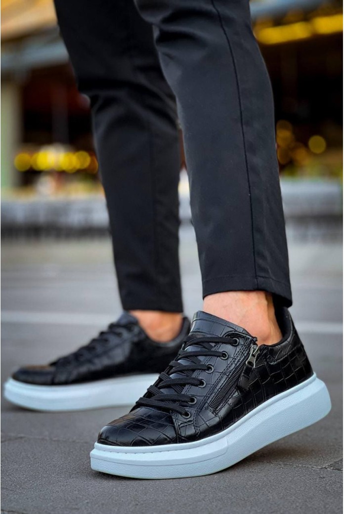 KB309 Erkek Günlük Bağcıklı Fermuarlı Croco Desenli Cilt Spor Sneaker Ayakkabı CBT - Siyah