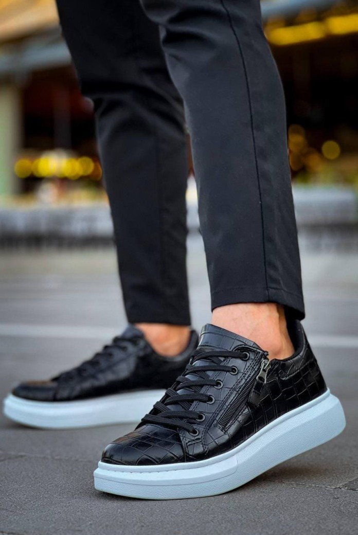 KB309 Erkek Günlük Bağcıklı Fermuarlı Croco Desenli Cilt Spor Sneaker Ayakkabı CBT - Siyah