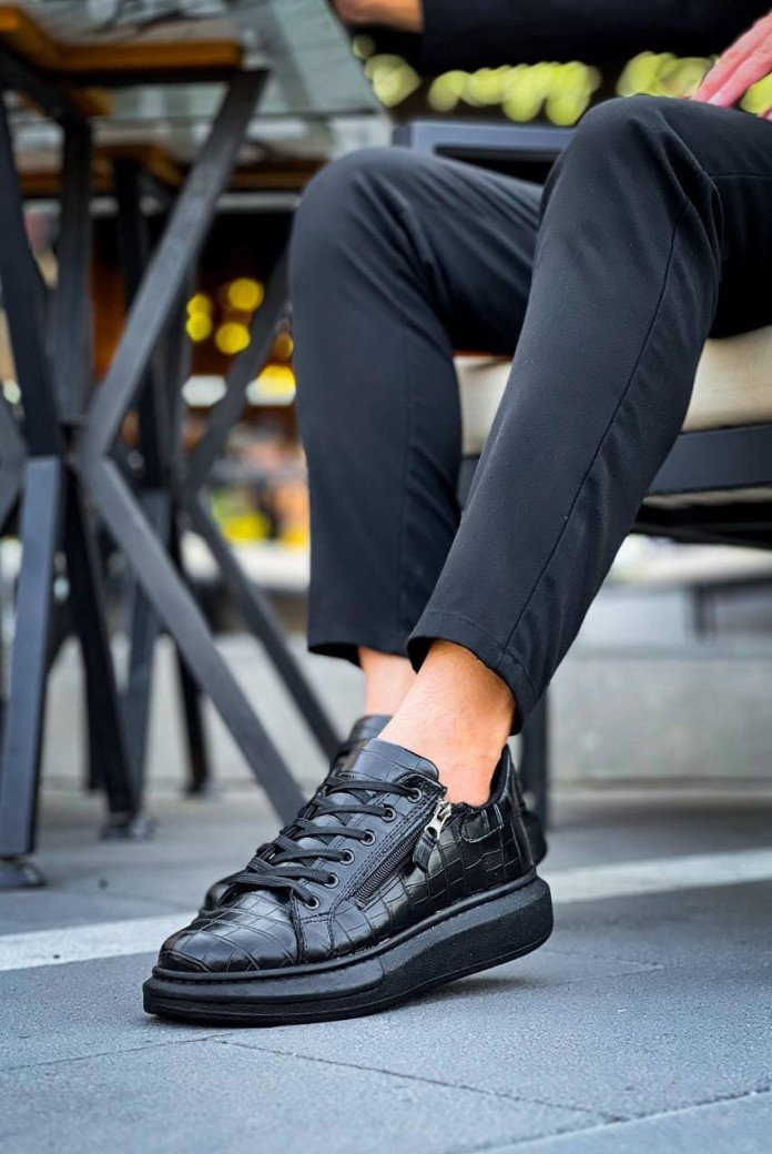KB309 Erkek Günlük Bağcıklı Fermuarlı Croco Desenli Cilt Spor Sneaker Ayakkabı CST - Siyah