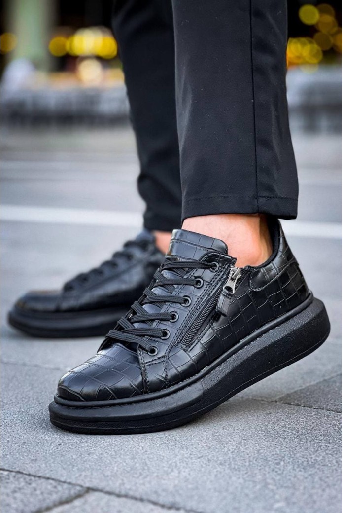 KB309 Erkek Günlük Bağcıklı Fermuarlı Croco Desenli Cilt Spor Sneaker Ayakkabı CST - Siyah