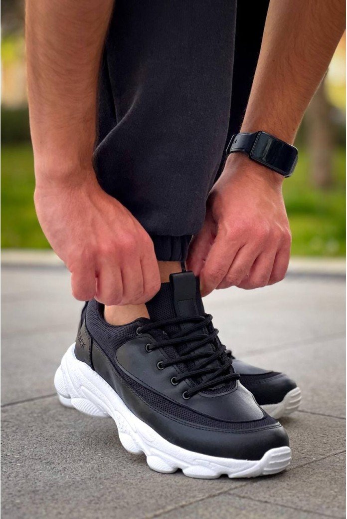 KB707 Erkek Günlük Bağcıklı Cilt Triko Spor Sneaker Ayakkabı CTBT - Siyah