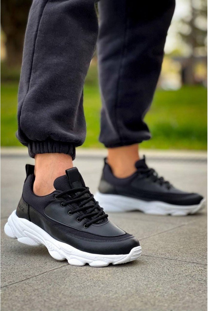 KB707 Erkek Günlük Bağcıklı Cilt Triko Spor Sneaker Ayakkabı CTBT - Siyah