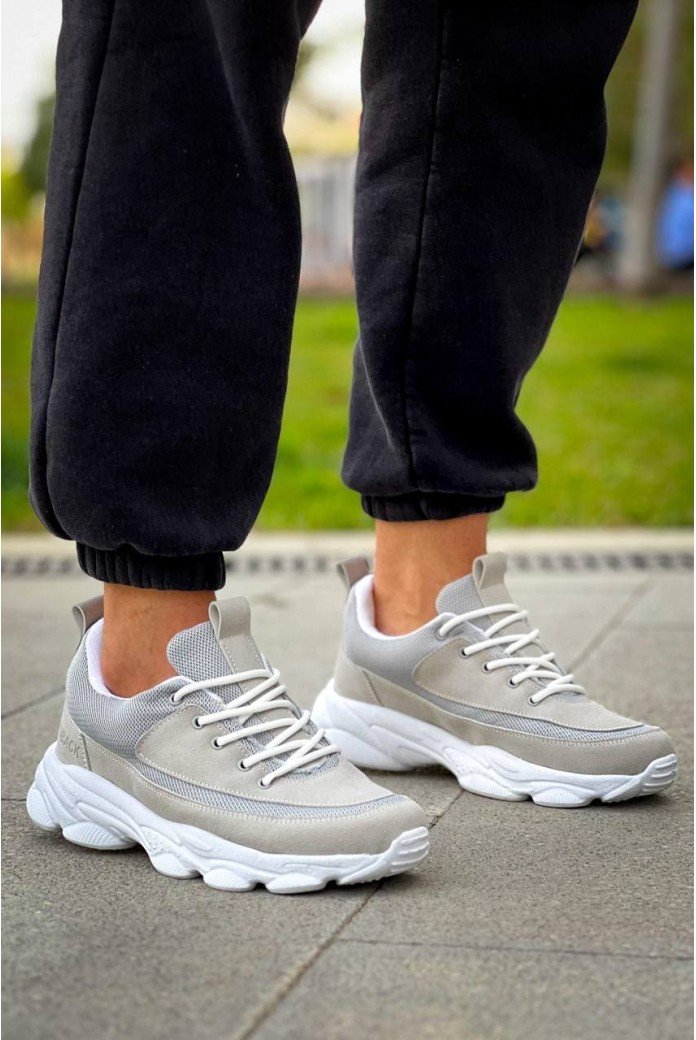 KB707 Erkek Günlük Bağcıklı Süet Triko Spor Sneaker Ayakkabı STBT - Gri