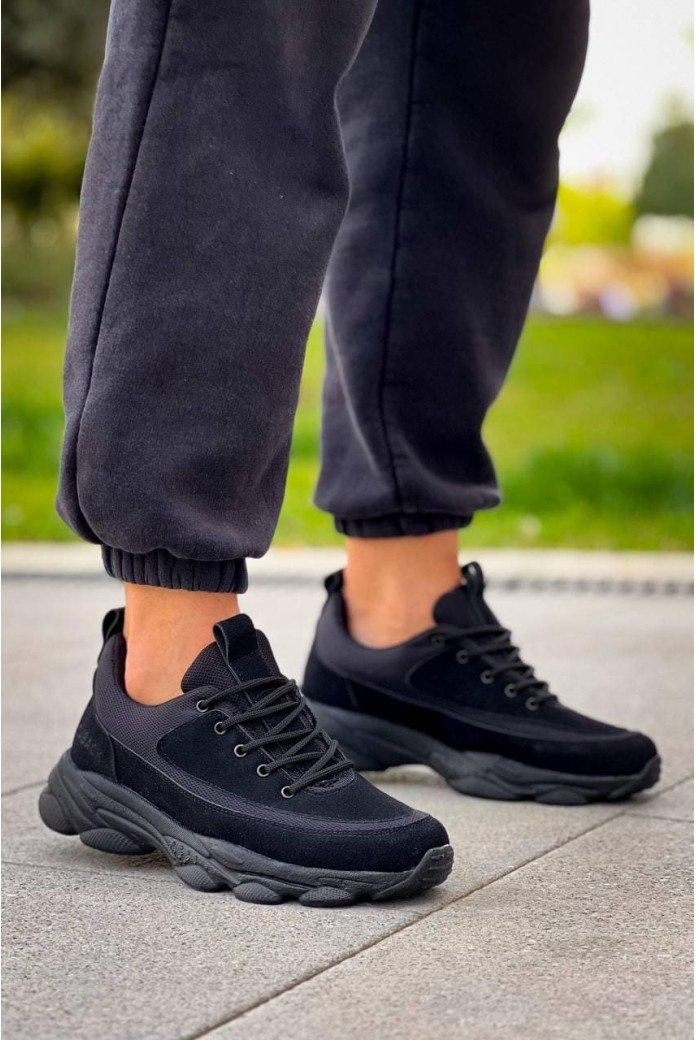 KB707 Erkek Günlük Bağcıklı Süet Triko Spor Sneaker Ayakkabı STST - Siyah