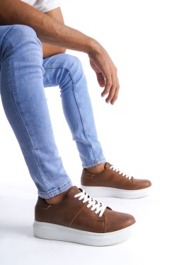 SLW151 Boost Erkek Günlük Bağcıklı Cilt Spor Sneaker Ayakkabı CBT - Taba