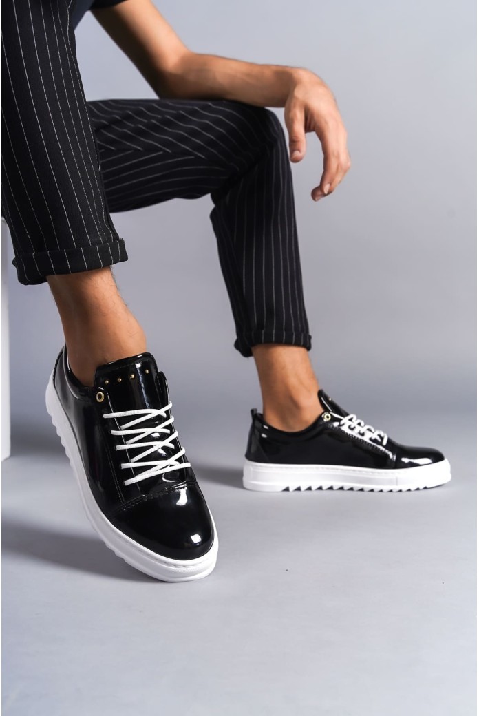 SLW152 Cool Erkek Günlük Bağcıklı Rugan Klasik Ayakkabı RBT - Siyah