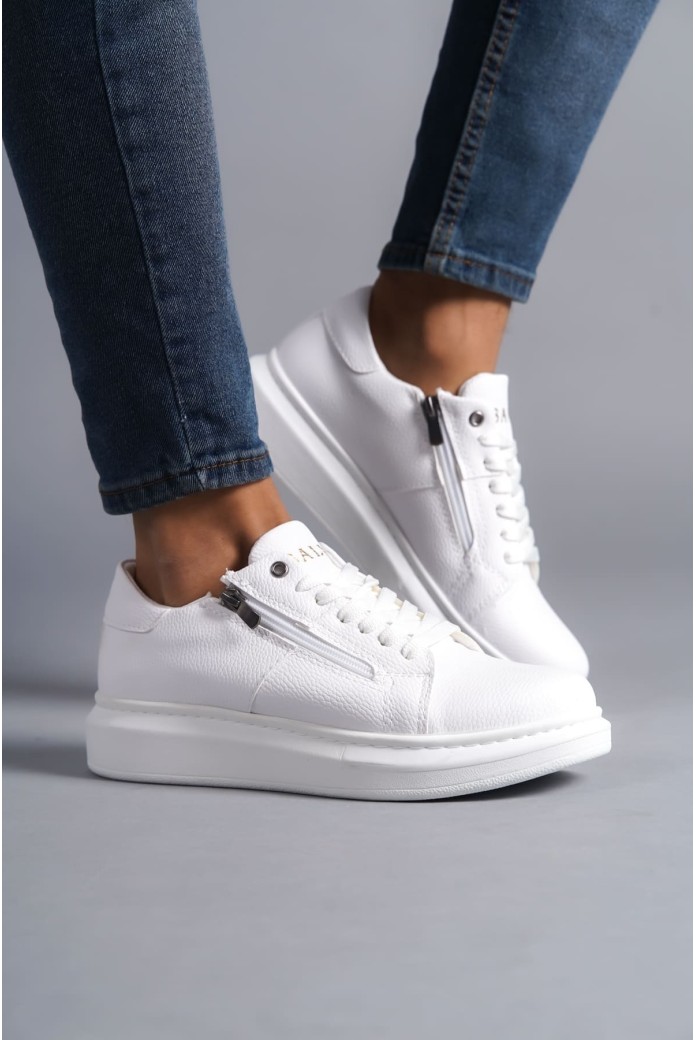 SLW155 Warrior Erkek Günlük Bağcıklı Fermuarlı Cilt Spor Sneaker Ayakkabı CBT - Beyaz