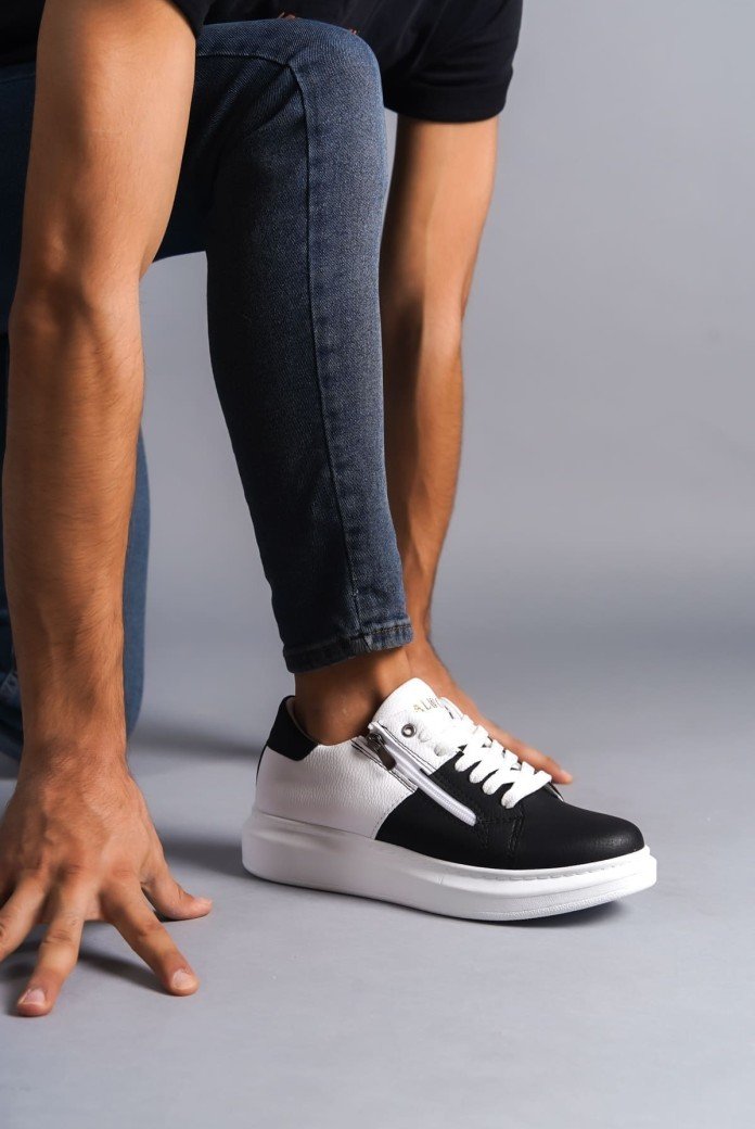 SLW155 Warrior Erkek Günlük Bağcıklı Fermuarlı Cilt Spor Sneaker Ayakkabı CBT - Beyaz/Siyah
