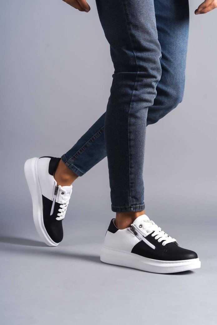 SLW155 Warrior Erkek Günlük Bağcıklı Fermuarlı Cilt Spor Sneaker Ayakkabı CBT - Beyaz/Siyah