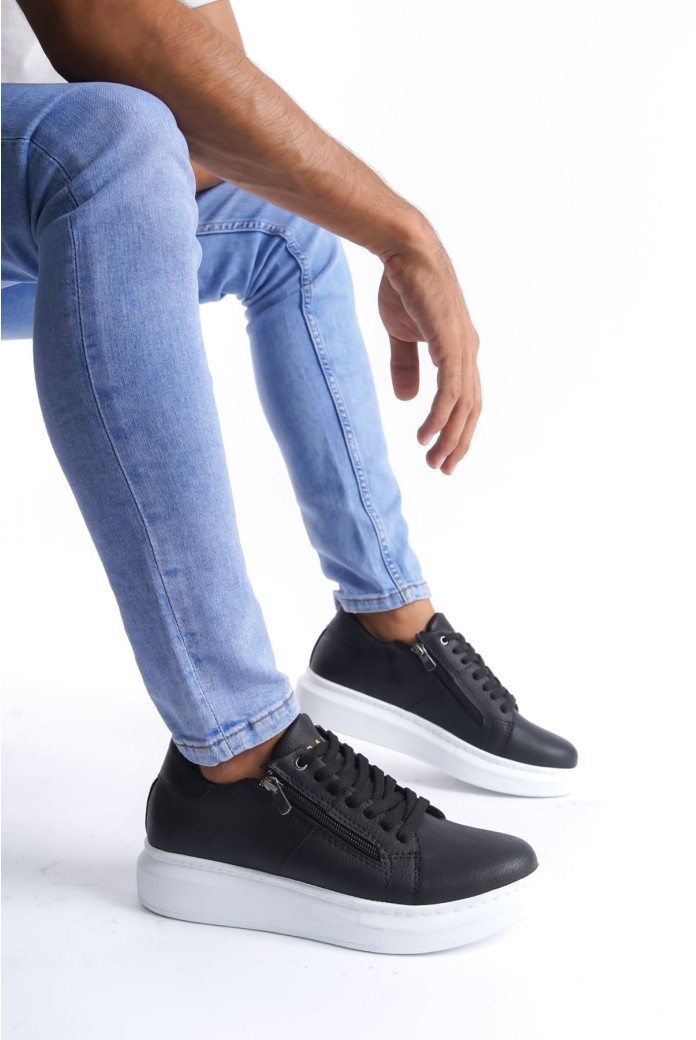 SLW155 Warrior Erkek Günlük Bağcıklı Fermuarlı Cilt Spor Sneaker Ayakkabı CBT - Siyah