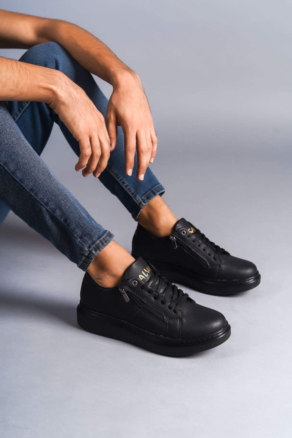 SLW155 Warrior Erkek Günlük Bağcıklı Fermuarlı Cilt Spor Sneaker Ayakkabı CST - Siyah – Salwo Erkek Ayakkabı