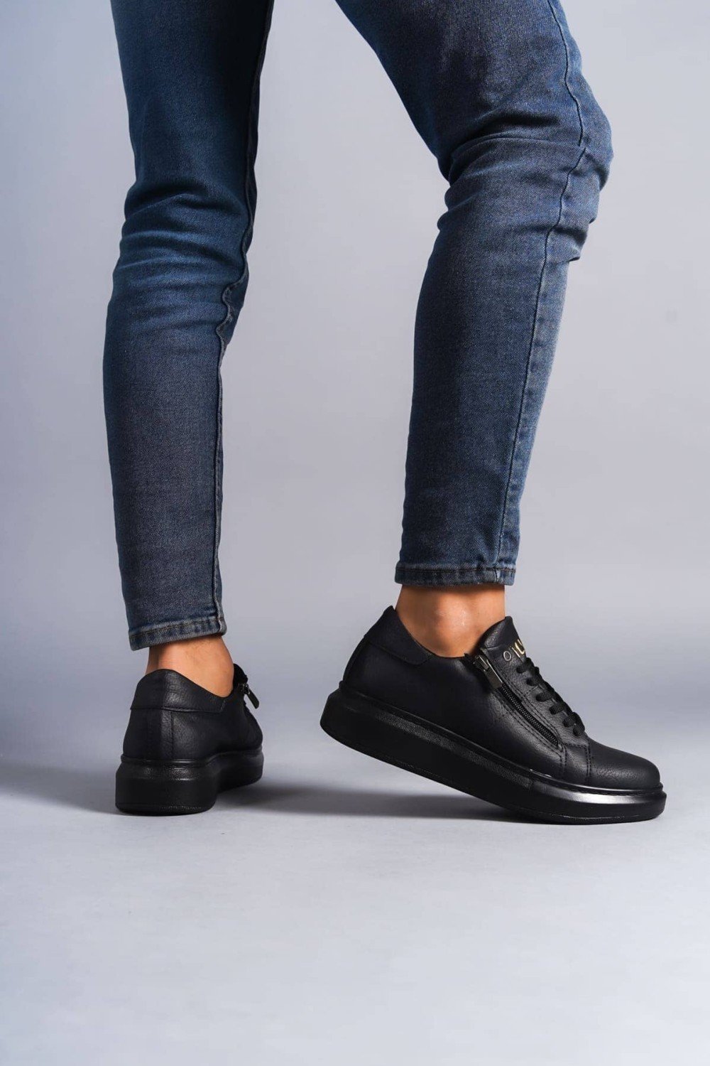 SLW155 Warrior Erkek Günlük Bağcıklı Fermuarlı Cilt Spor Sneaker Ayakkabı CST - Siyah – Salwo Erkek Ayakkabı