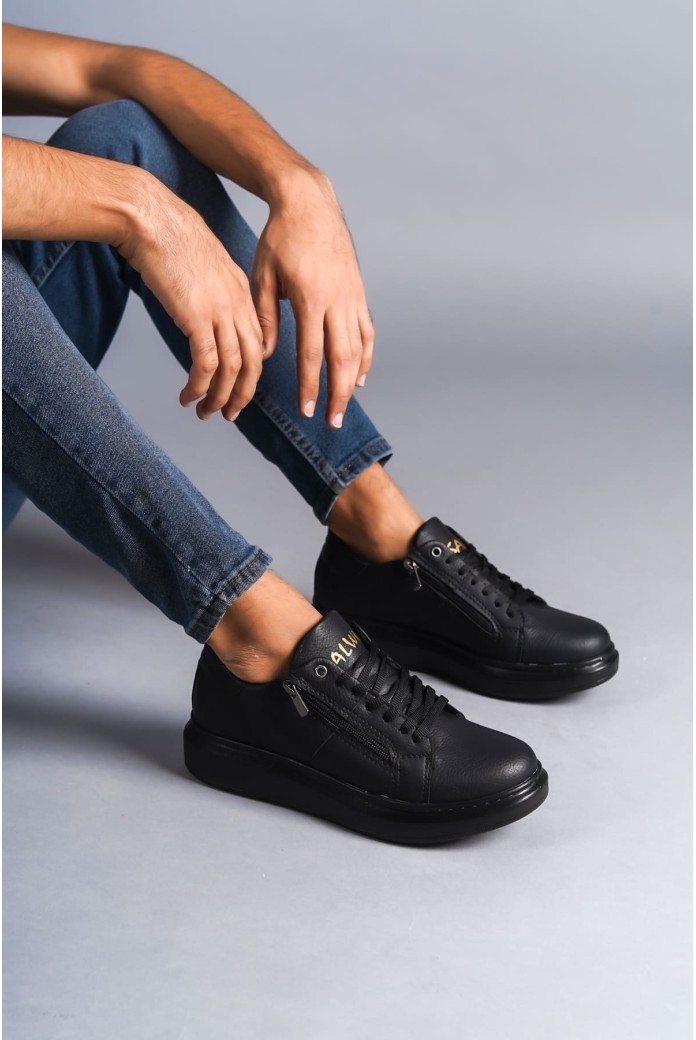 SLW155 Warrior Erkek Günlük Bağcıklı Fermuarlı Cilt Spor Sneaker Ayakkabı CST - Siyah