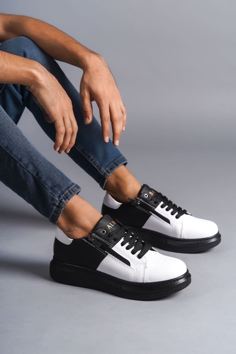 SLW155 Warrior Erkek Günlük Bağcıklı Fermuarlı Cilt Spor Sneaker Ayakkabı CST - Siyah/Beyaz – Salwo Erkek Ayakkabı