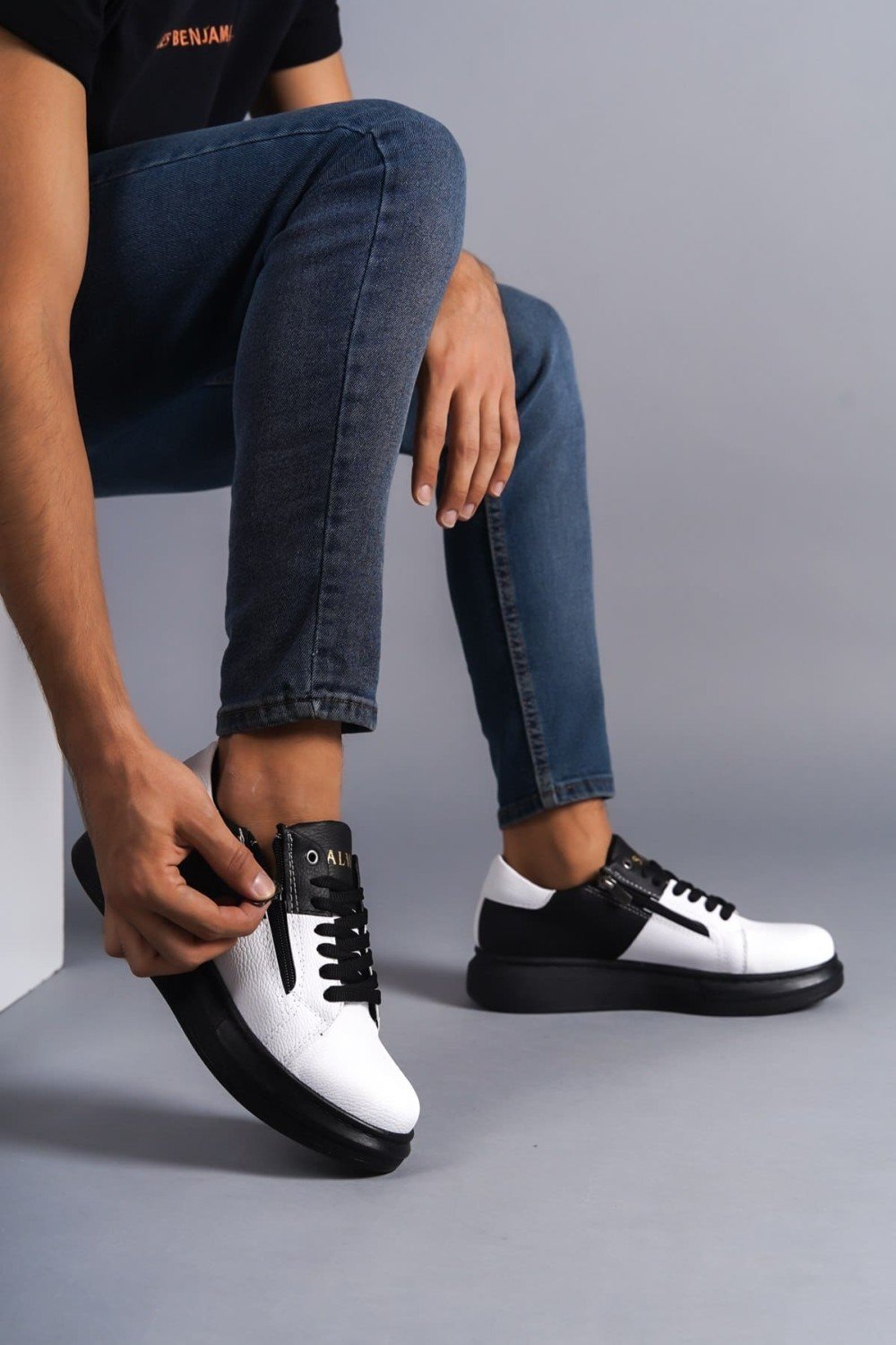 SLW155 Warrior Erkek Günlük Bağcıklı Fermuarlı Cilt Spor Sneaker Ayakkabı CST - Siyah/Beyaz – Salwo Erkek Ayakkabı