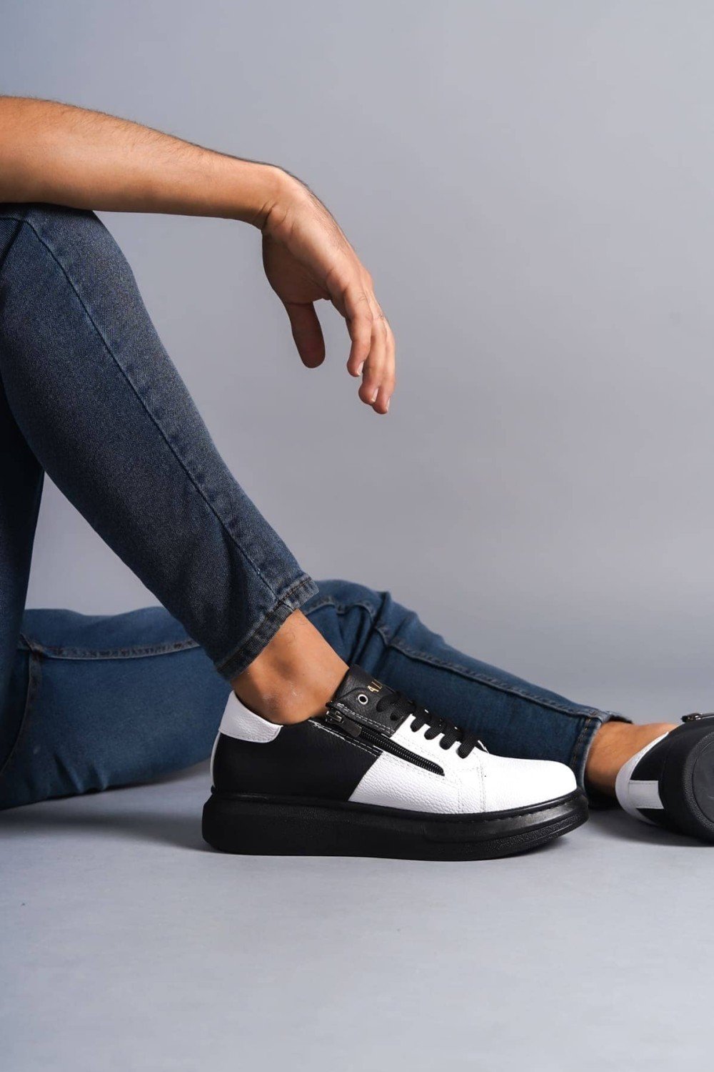 SLW155 Warrior Erkek Günlük Bağcıklı Fermuarlı Cilt Spor Sneaker Ayakkabı CST - Siyah/Beyaz – Salwo Erkek Ayakkabı
