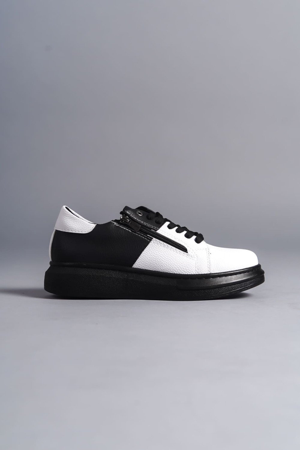SLW155 Warrior Erkek Günlük Bağcıklı Fermuarlı Cilt Spor Sneaker Ayakkabı CST - Siyah/Beyaz – Salwo Erkek Ayakkabı