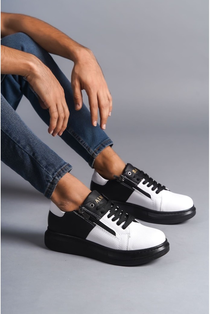 SLW155 Warrior Erkek Günlük Bağcıklı Fermuarlı Cilt Spor Sneaker Ayakkabı CST - Siyah/Beyaz