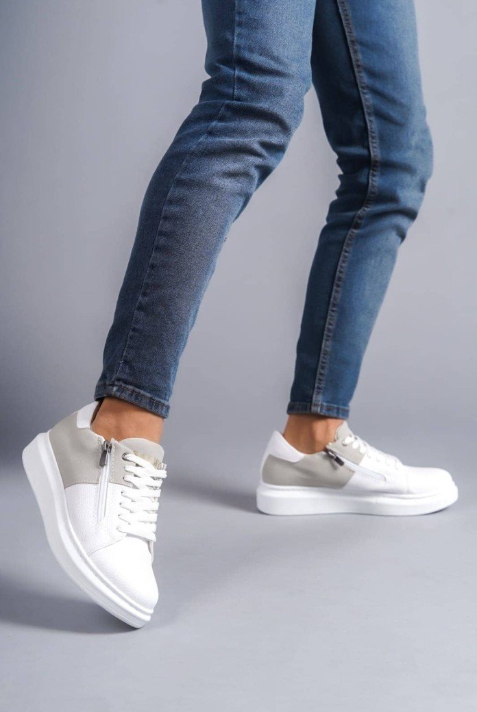 SLW155 Warrior Erkek Günlük Bağcıklı Fermuarlı Cilt Süet Spor Sneaker Ayakkabı CSBT - Beyaz/Gri