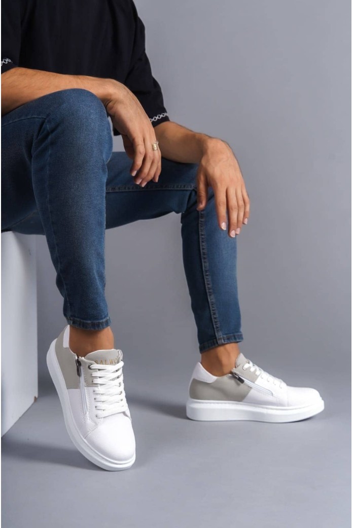 SLW155 Warrior Erkek Günlük Bağcıklı Fermuarlı Cilt Süet Spor Sneaker Ayakkabı CSBT - Beyaz/Gri