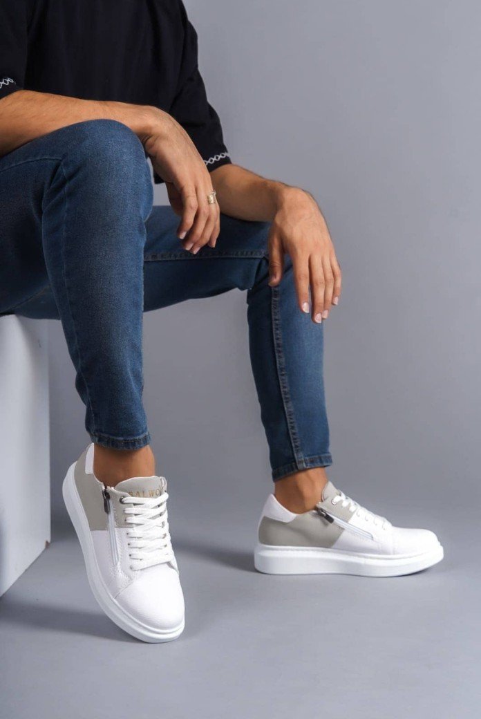 SLW155 Warrior Erkek Günlük Bağcıklı Fermuarlı Cilt Süet Spor Sneaker Ayakkabı CSBT - Beyaz/Gri