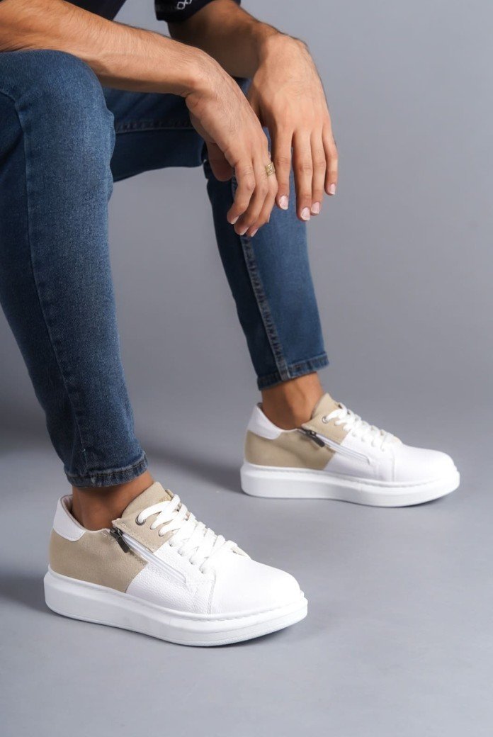 SLW155 Warrior Erkek Günlük Bağcıklı Fermuarlı Cilt Süet Spor Sneaker Ayakkabı CSBT - Beyaz/Krem