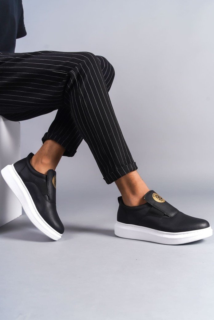 SLW161 Hippo Erkek Günlük Bağcıksız Cilt Spor Sneaker Ayakkabı CBT - Siyah