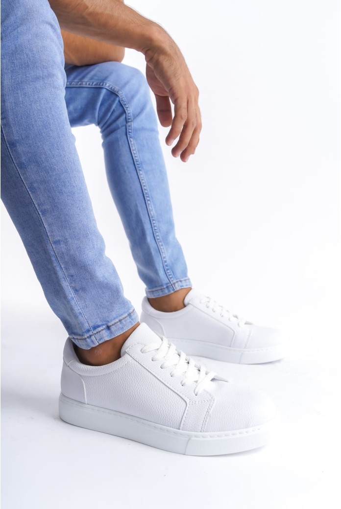 SLW165 Elite Erkek Günlük Bağcıklı Cilt Spor Sneaker Ayakkabı CBT - Beyaz