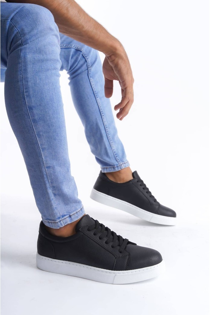 SLW165 Elite Erkek Günlük Bağcıklı Cilt Spor Sneaker Ayakkabı CBT - Siyah