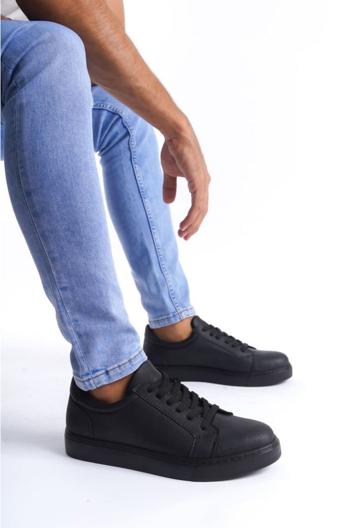SLW165 Elite Erkek Günlük Bağcıklı Cilt Spor Sneaker Ayakkabı CST - Siyah