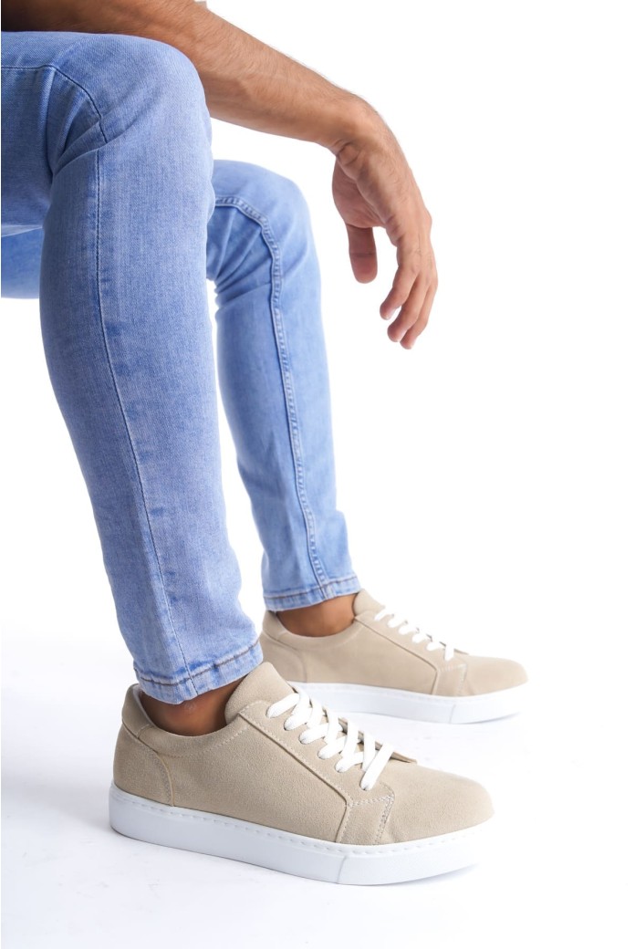 SLW165 Elite Erkek Günlük Bağcıklı Süet Spor Sneaker Ayakkabı SBT - Krem