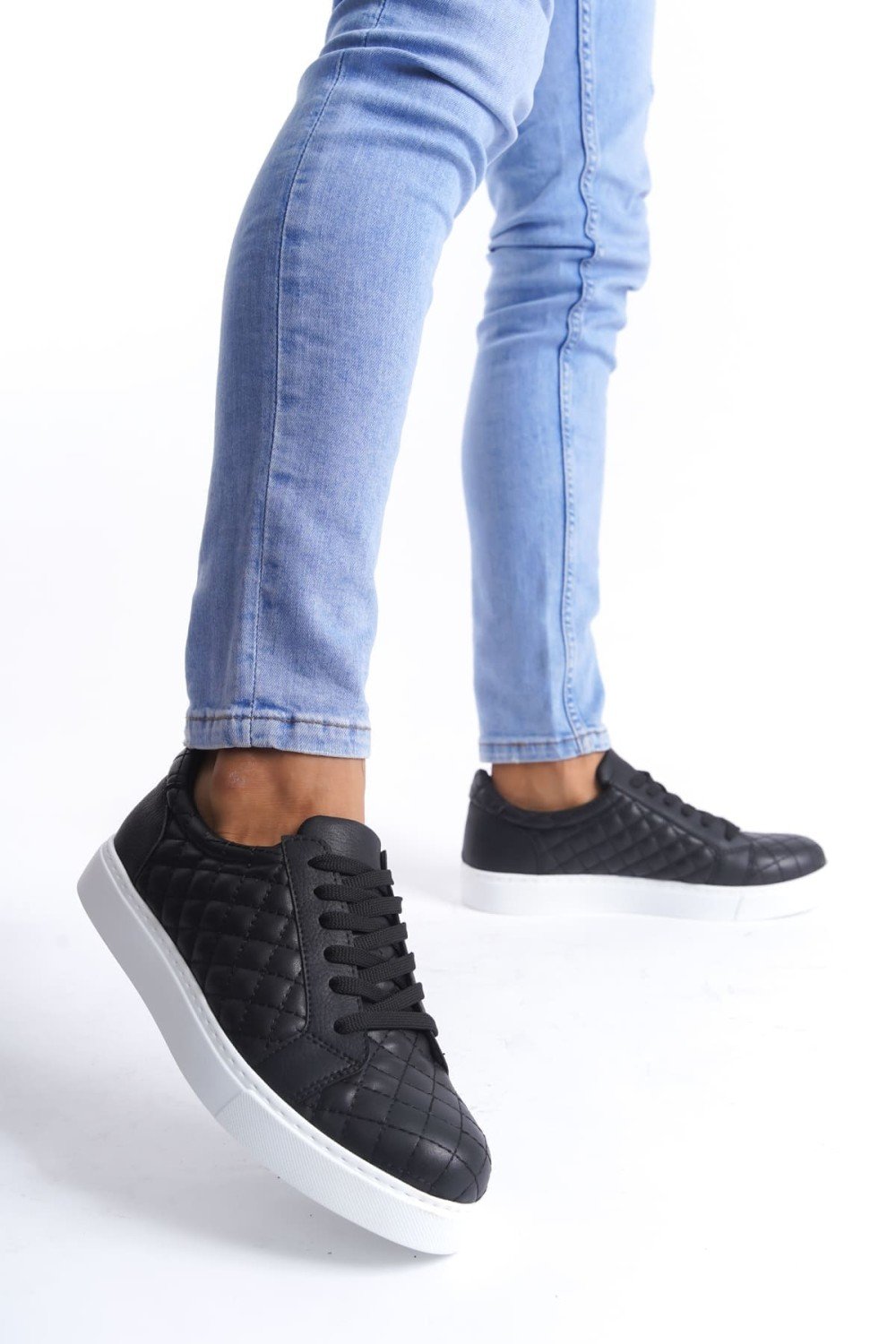 SLW166 Prestige Erkek Günlük Bağcıklı Kapitone Desenli Cilt Spor Sneaker Ayakkabı CBT - Siyah – Salwo Erkek Ayakkabı
