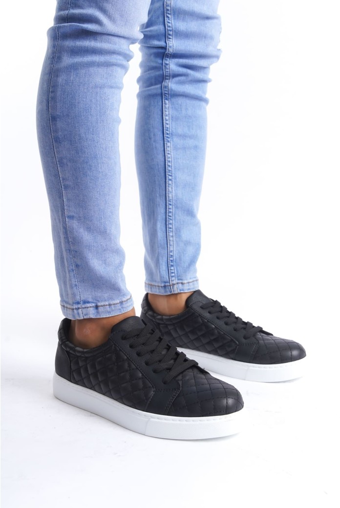 SLW166 Prestige Erkek Günlük Bağcıklı Kapitone Desenli Cilt Spor Sneaker Ayakkabı CBT - Siyah