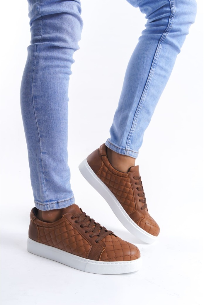 SLW166 Prestige Erkek Günlük Bağcıklı Kapitone Desenli Cilt Spor Sneaker Ayakkabı CBT - Taba