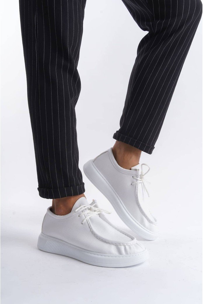 SLW170 Tornado Erkek Günlük Bağcıklı Cilt Klasik Ayakkabı CBT - Beyaz