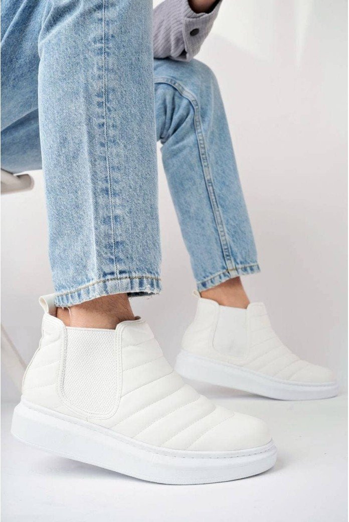 SLW205 Boston Erkek Spor Günlük Bağcıksız Dikiş Desenli Cilt Bot CBT - Beyaz