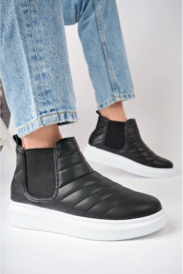 SLW205 Boston Erkek Spor Günlük Bağcıksız Dikiş Desenli Cilt Bot CBT - Siyah