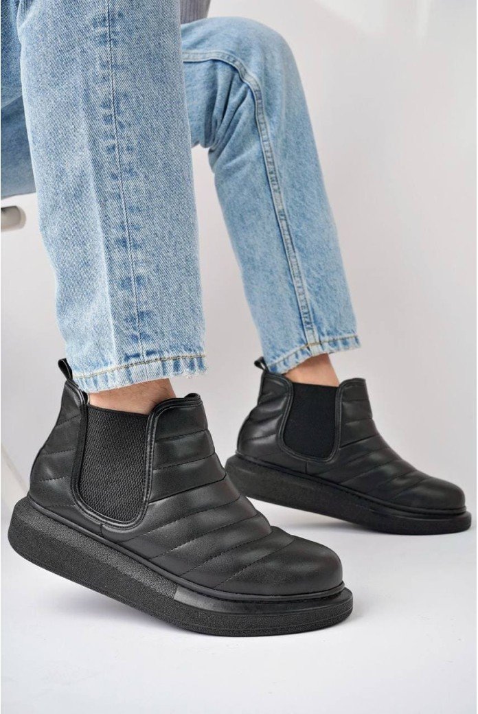 SLW205 Boston Erkek Spor Günlük Bağcıksız Dikiş Desenli Cilt Bot CST - Siyah