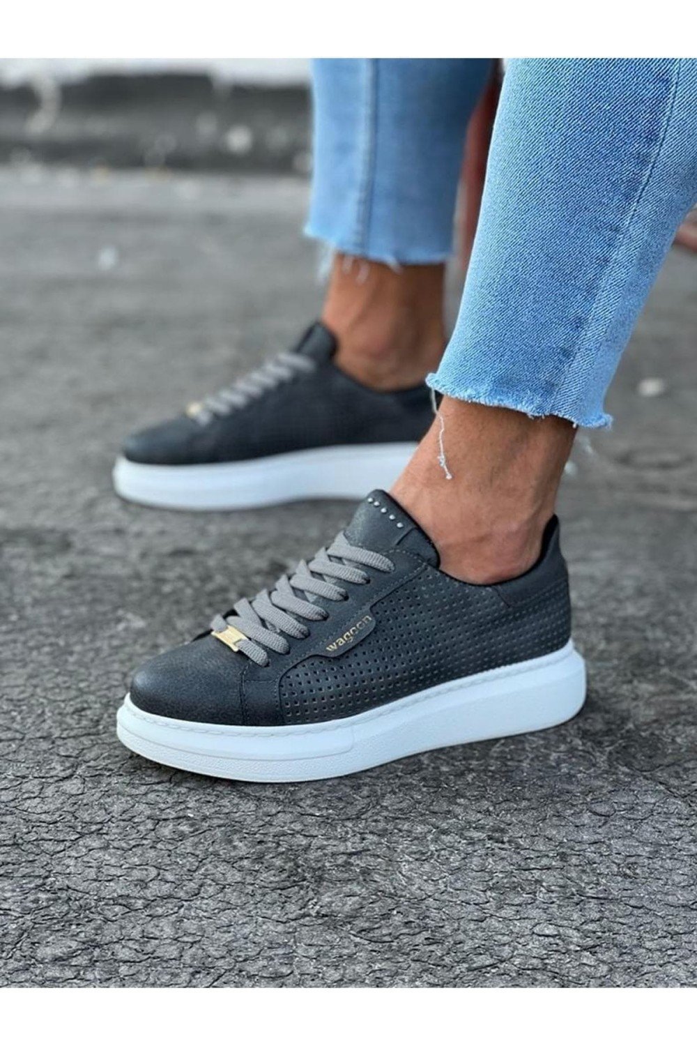 WG01 Erkek Günlük Bağcıklı Delikli Desen Cilt Spor Sneaker Ayakkabı CBT - Gri – Wagoon Erkek Ayakkabı