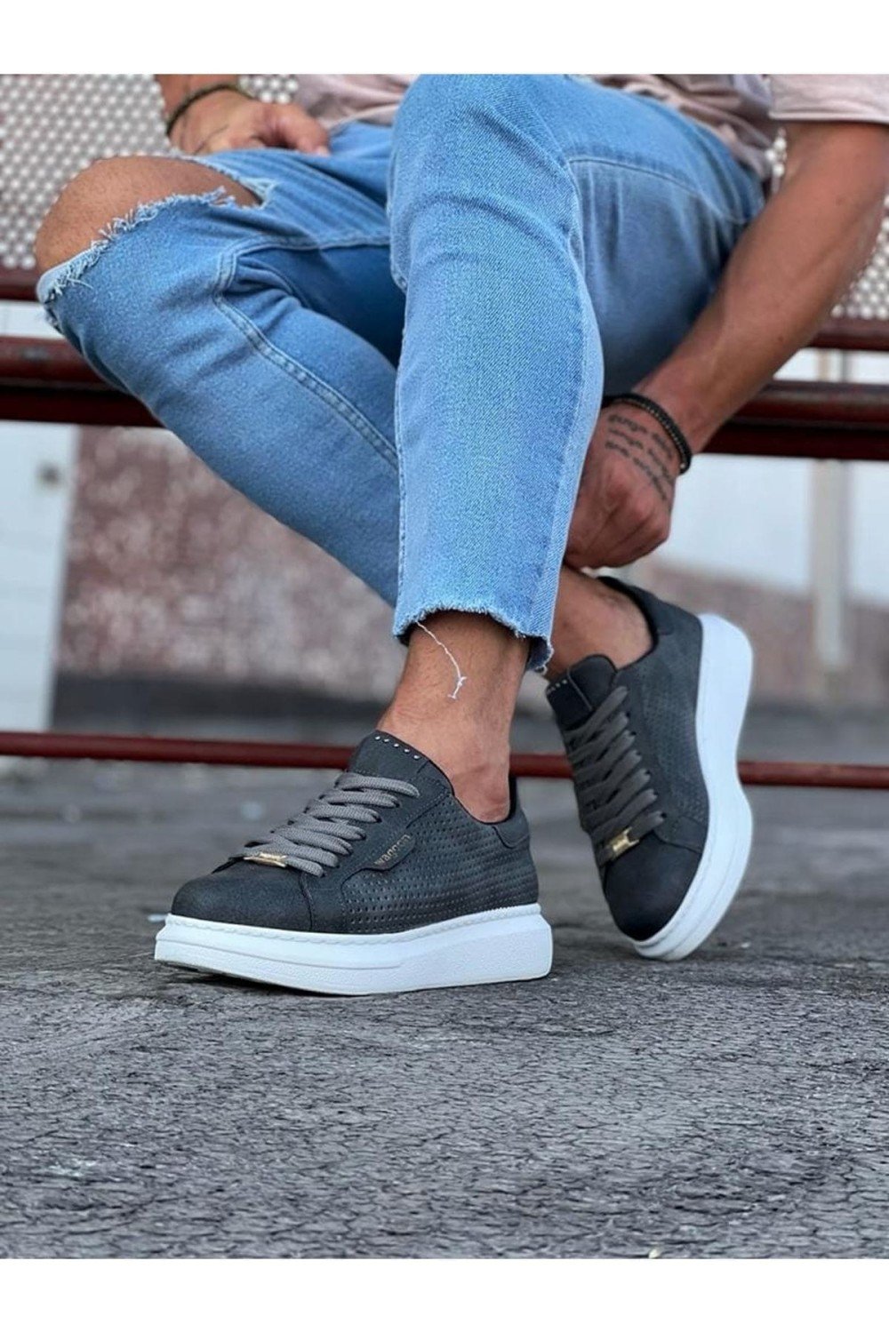 WG01 Erkek Günlük Bağcıklı Delikli Desen Cilt Spor Sneaker Ayakkabı CBT - Gri – Wagoon Erkek Ayakkabı