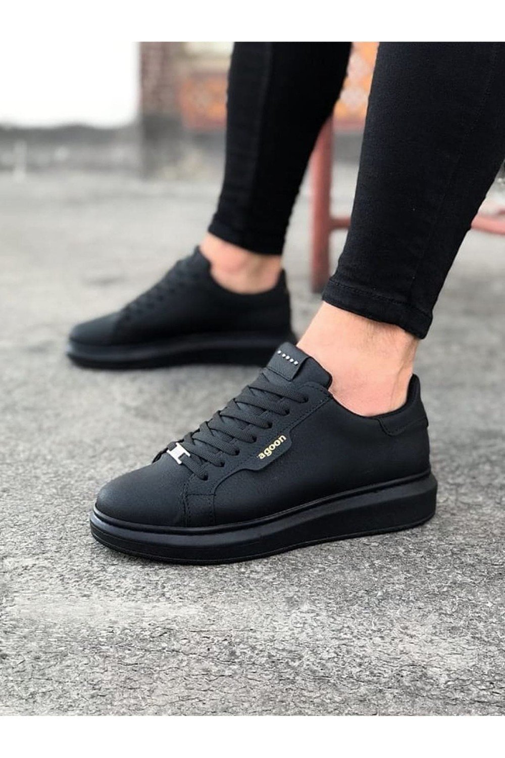 WG01 Erkek Günlük Bağcıklı Düz Desen Cilt Spor Sneaker Ayakkabı CST - Siyah – Wagoon Erkek Ayakkabı