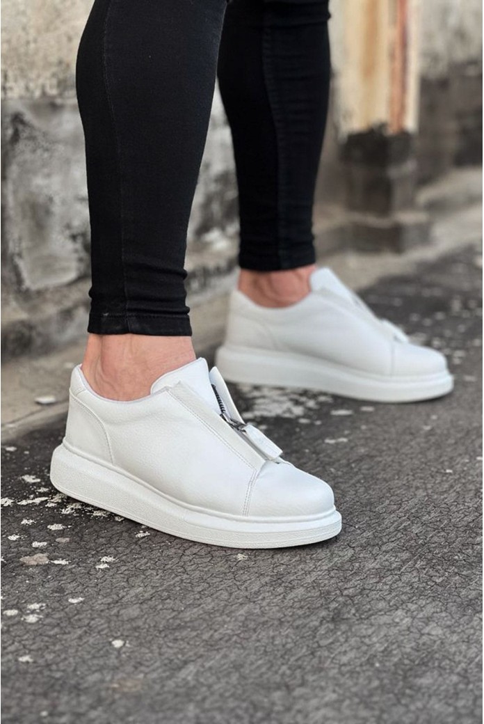 WG010 Erkek Günlük Fermuarlı Cilt Spor Sneaker Ayakkabı CBT - Beyaz
