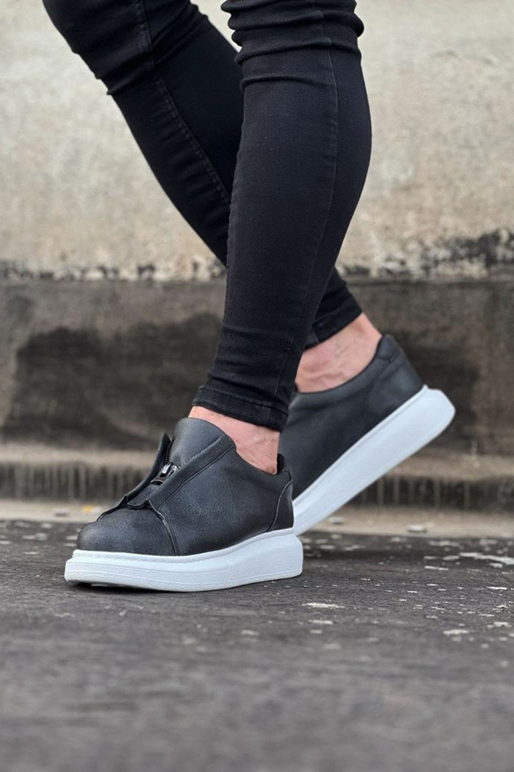 WG010 Erkek Günlük Fermuarlı Cilt Spor Sneaker Ayakkabı CBT - Gri – Wagoon Erkek Ayakkabı
