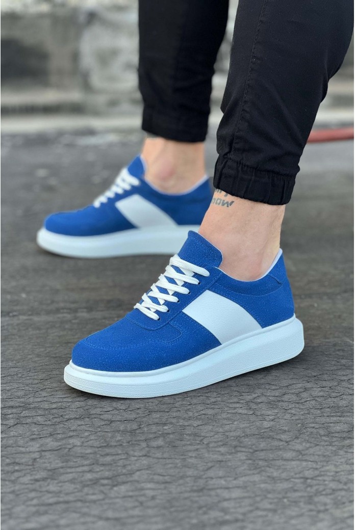 WG011 Erkek Günlük Bağcıklı Süet Spor Sneaker Ayakkabı SBT - Mavi/Beyaz