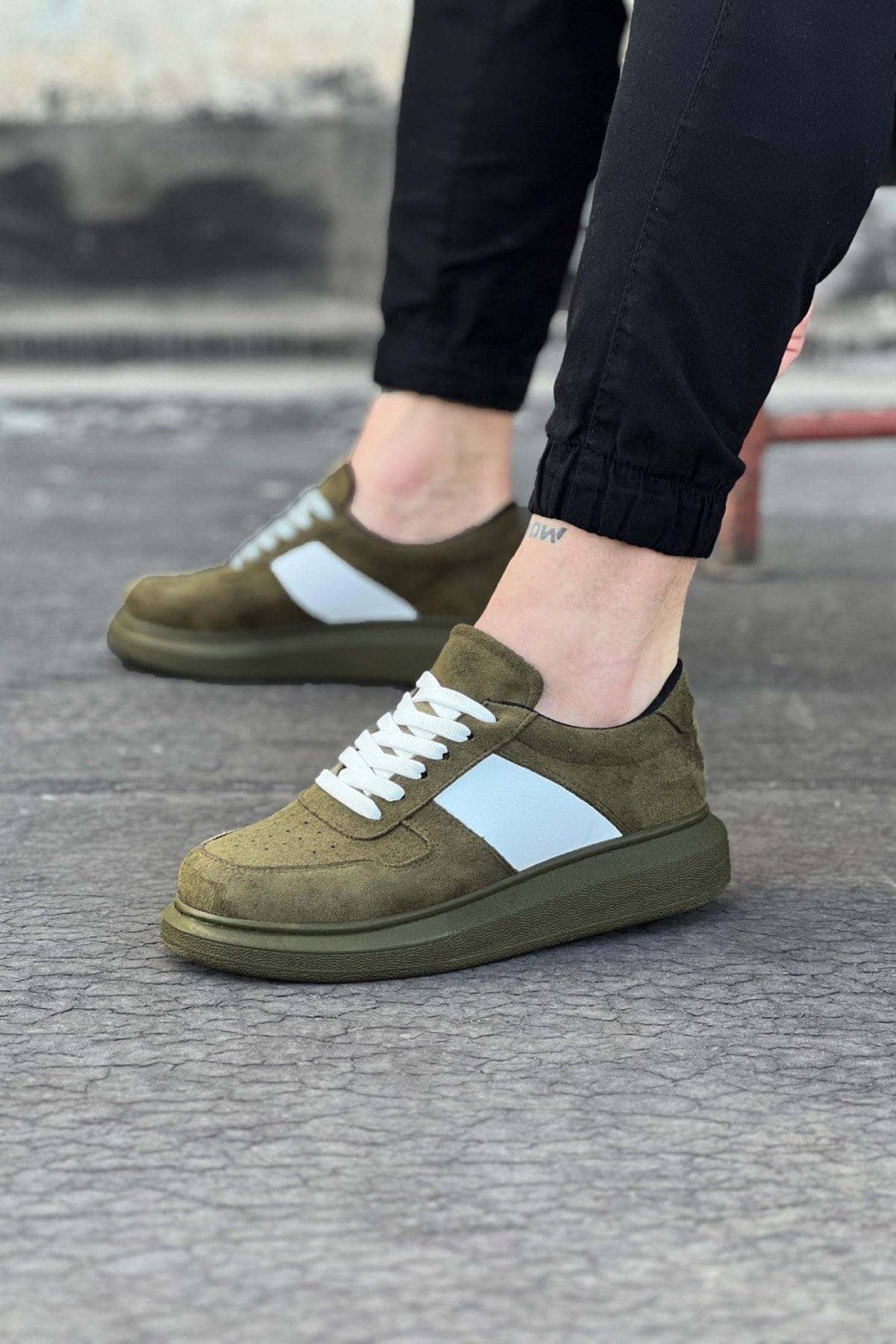 WG011 Erkek Günlük Bağcıklı Süet Spor Sneaker Ayakkabı SHT - Haki/Beyaz – Wagoon Erkek Ayakkabı