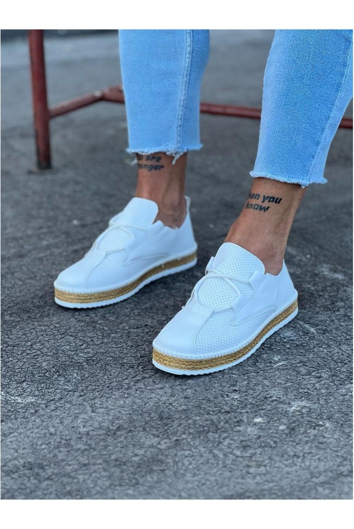 WG015 Erkek Günlük Bağcıklı Hasır Taban Cilt Klasik Ayakkabı CHT - Beyaz
