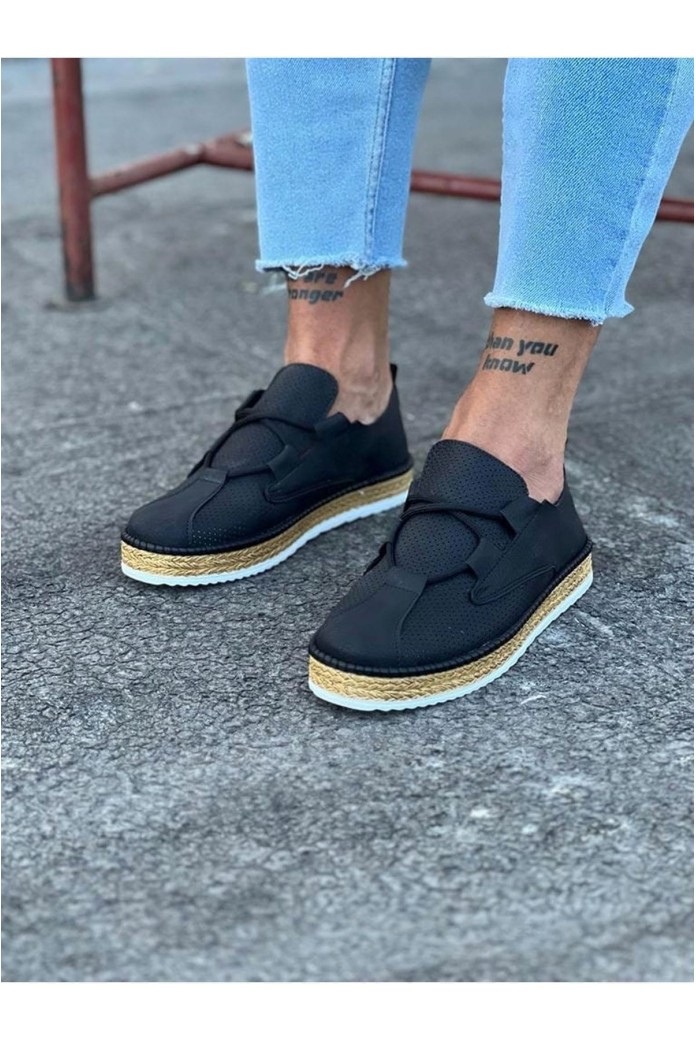WG015 Erkek Günlük Bağcıklı Hasır Taban Cilt Klasik Ayakkabı CHT - Siyah
