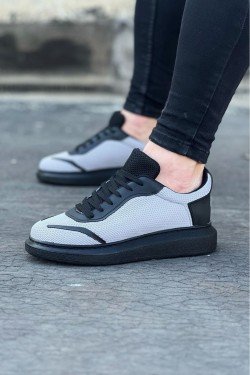 WG019 Erkek Günlük Bağcıklı Triko Cilt Spor Sneaker Ayakkabı TCST - Gri/Siyah