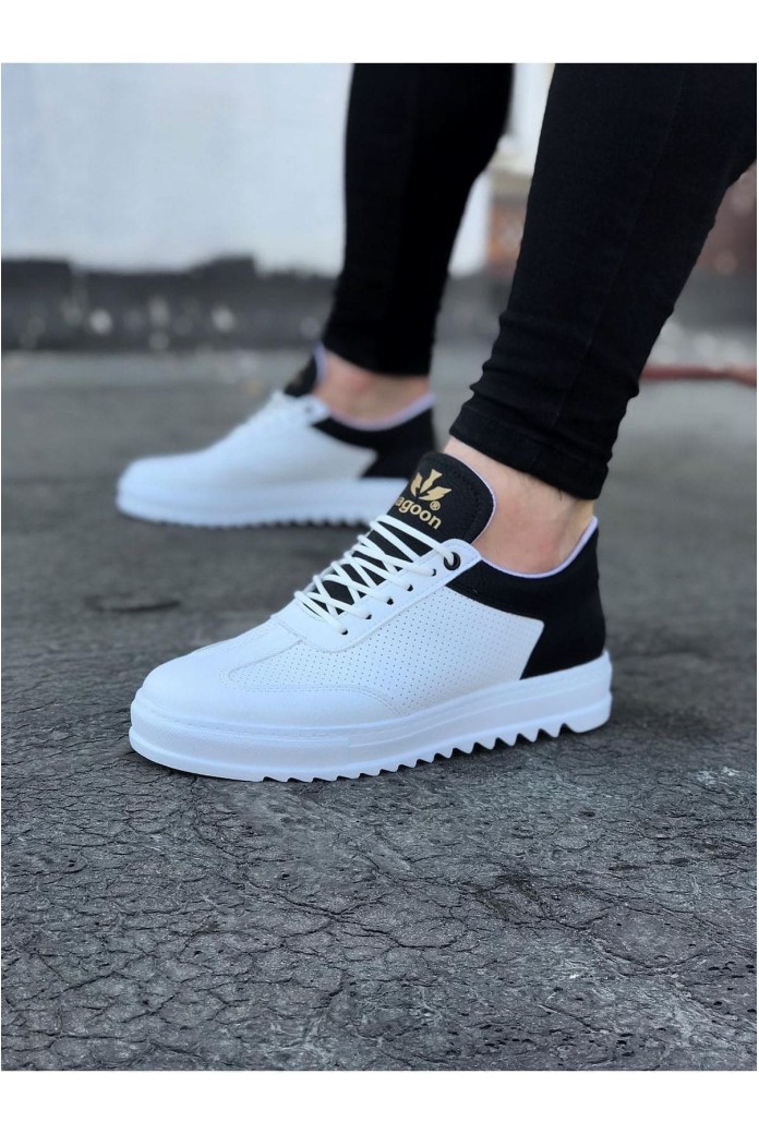 WG022 Erkek Günlük Bağcıklı Delikli Desen Cilt Spor Sneaker Ayakkabı CBT - Beyaz/Siyah